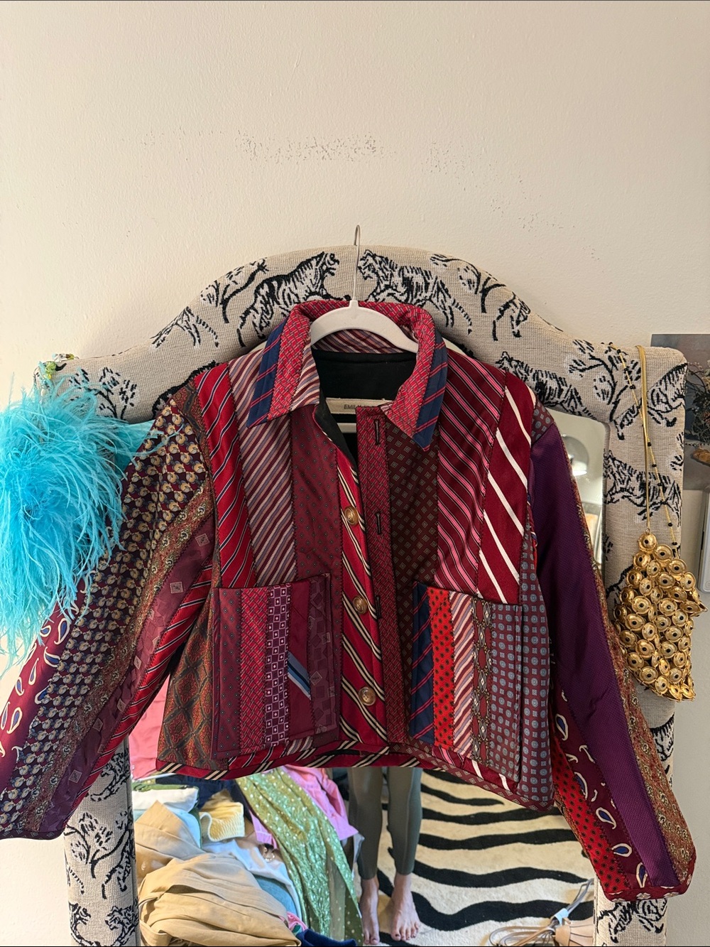 Tie Patchwork Red Cropped Jacket - Women